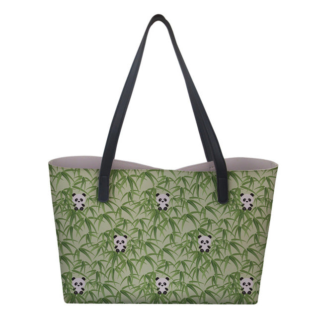 Sac à Main Fourre-tout Femme Motif Pandas Bambou - Polyester, Chaîne 63 Cm, 18x28x7 Cm, Poche Zippée